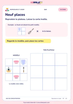 Neuf places – jeu de codes et modèles à imprimer pour les enfants de 5–6 ans