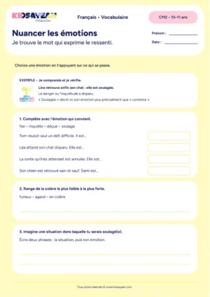 vocabulaire des émotions CM2 exercice à imprimer - fiche élève