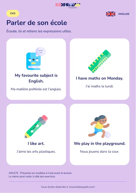 Parler de sa matière préférée en anglais au CM2 — leçon illustrée