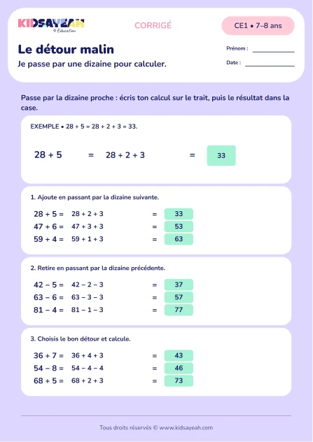 Passer par la dizaine au CE1 : Le détour malin — corrigé