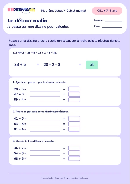 Passer par la dizaine au CE1 : Le détour malin — fiche enfant