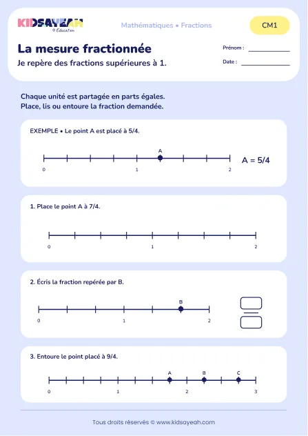 Placer 7/4 et repérer 9/4 sur une droite au CM1 : aperçu de la fiche La mesure fractionnée