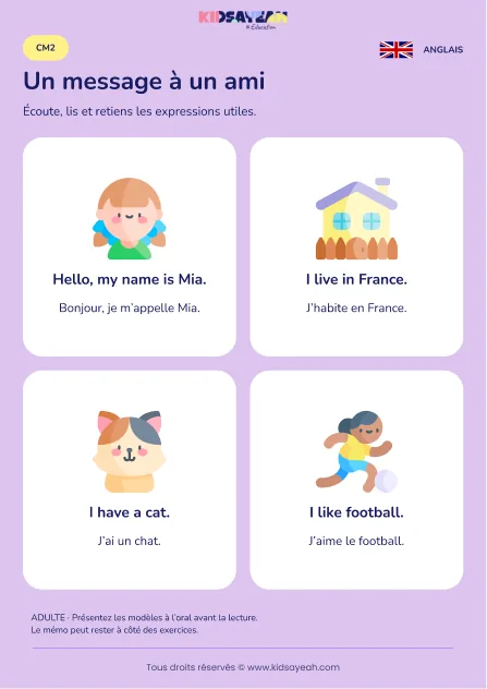 Préparer un message de présentation en anglais au CM2 — leçon illustrée