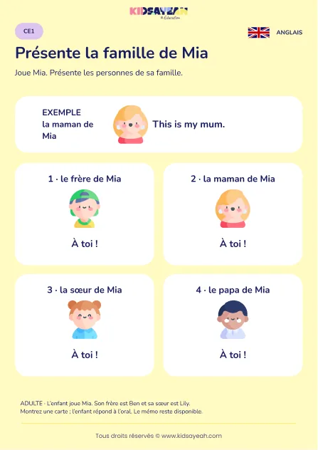 Présenter à l’oral la famille imaginaire de Mia au CE1 — fiche enfant