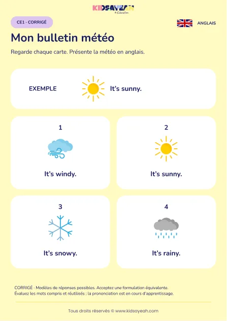 Présenter un bulletin météo oral en anglais au CE1 — corrigé