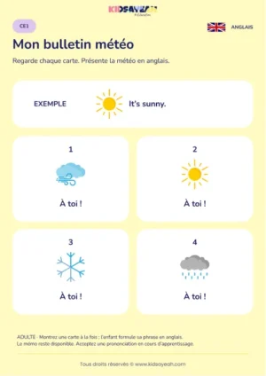 Présenter un bulletin météo oral en anglais au CE1 — fiche enfant