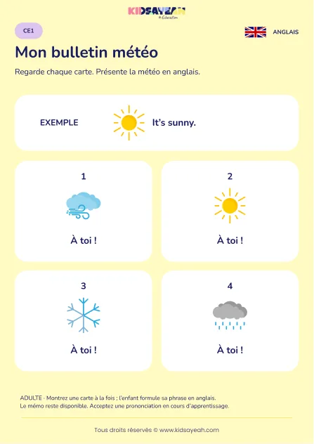 Présenter un bulletin météo oral en anglais au CE1 — fiche enfant