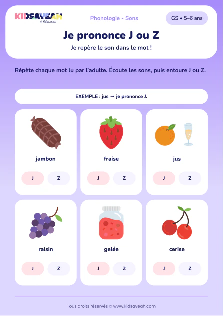 prononcer et distinguer J et Z en GS — fiche GS à imprimer
