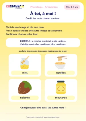 Prononcer M et N en nommant des aliments à tour de rôle en PS — aperçu de la fiche à imprimer