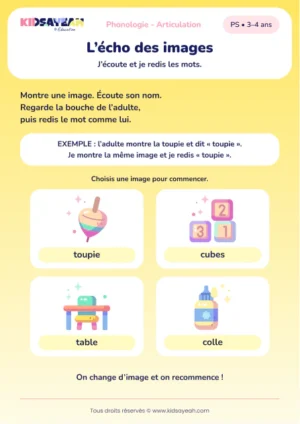 Prononcer T et K avec toupie, table, cubes et colle en PS — aperçu de la fiche à imprimer
