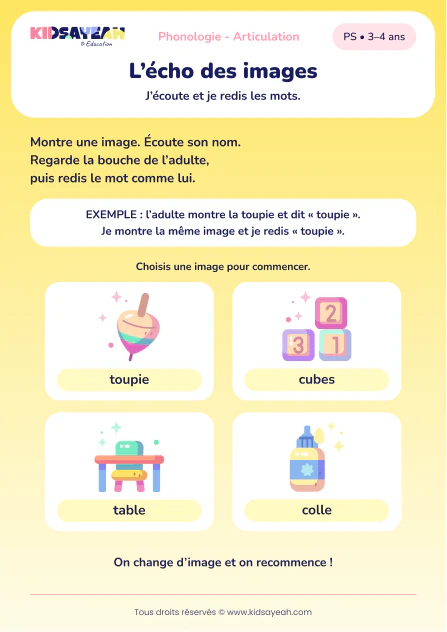 Prononcer T et K avec toupie, table, cubes et colle en PS — aperçu de la fiche à imprimer