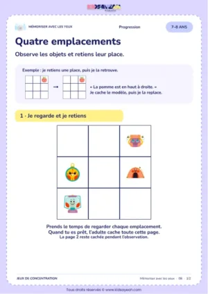 Quatre emplacements – jeu de mémoire visuelle à imprimer pour les enfants de 7–8 ans