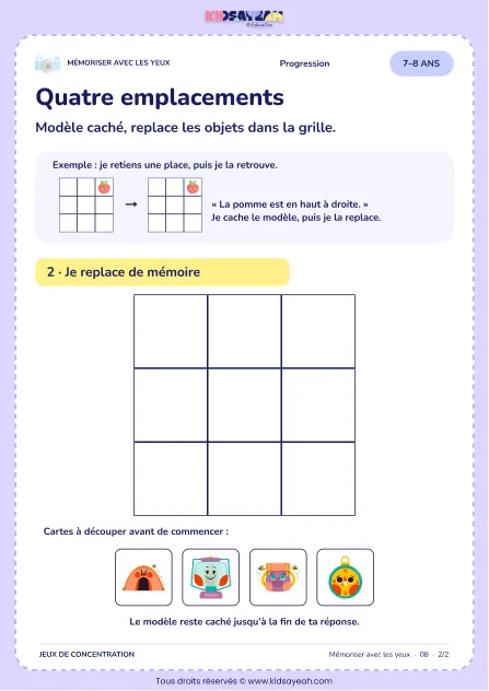 Quatre emplacements – jeu de mémoire visuelle à imprimer pour les enfants de 7–8 ans – page 2 : page 2 : 2/2