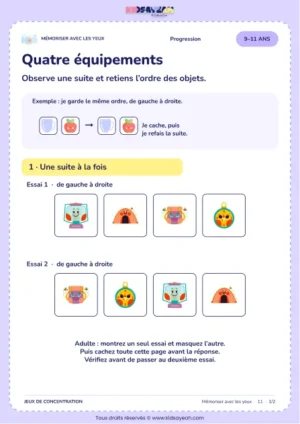 Quatre équipements – jeu de mémoire visuelle à imprimer pour les enfants de 9–11 ans