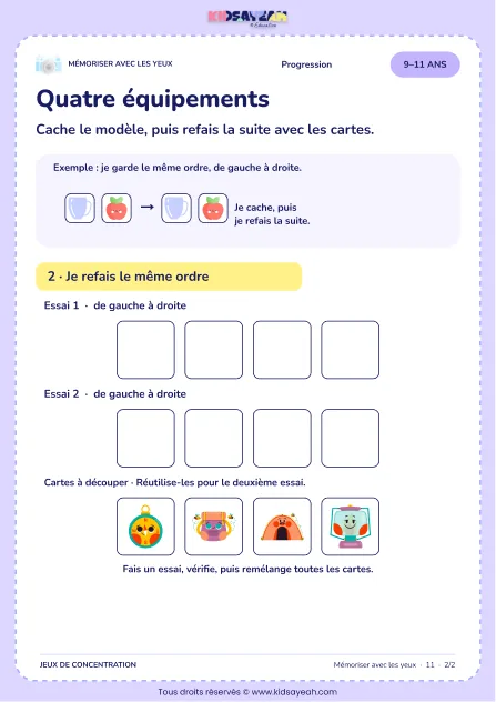 Quatre équipements – jeu de mémoire visuelle à imprimer pour les enfants de 9–11 ans – page 2 : page 2 : 2/2