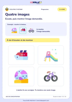 Quatre images – jeu d’écoute et d’attention à imprimer pour les enfants de 3–4 ans