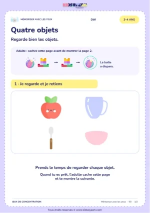 Quatre objets – jeu de mémoire visuelle à imprimer pour les enfants de 3–4 ans