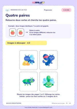 Quatre paires – jeu de mémoire visuelle à imprimer pour les enfants de 5–6 ans