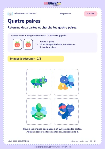 Quatre paires – jeu de mémoire visuelle à imprimer pour les enfants de 5–6 ans – page 2 : page 2 : 2/4