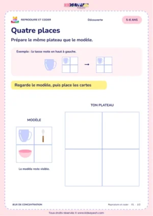 Quatre places – jeu de codes et modèles à imprimer pour les enfants de 5–6 ans