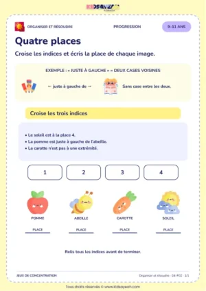Quatre places – jeu de logique et d’organisation à imprimer pour les enfants de 9–11 ans