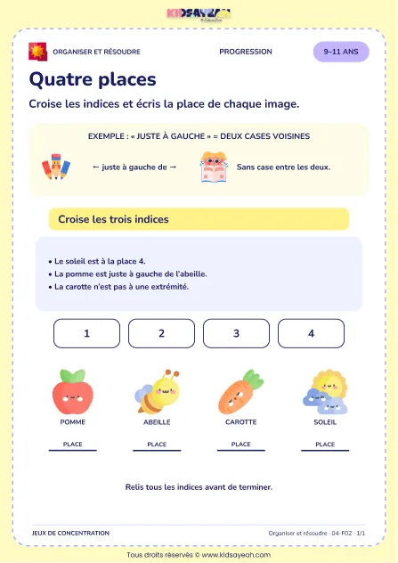 Quatre places – jeu de logique et d’organisation à imprimer pour les enfants de 9–11 ans