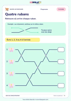 Quatre rubans – parcours visuel à imprimer pour les enfants de 5–6 ans