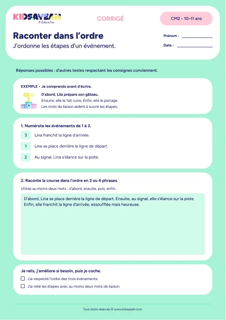 Corrigé - ordre chronologique récit CM2 exercice à imprimer