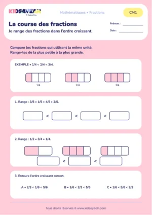 Ranger des cinquièmes et des fractions usuelles au CM1 : aperçu de la fiche La course des fractions