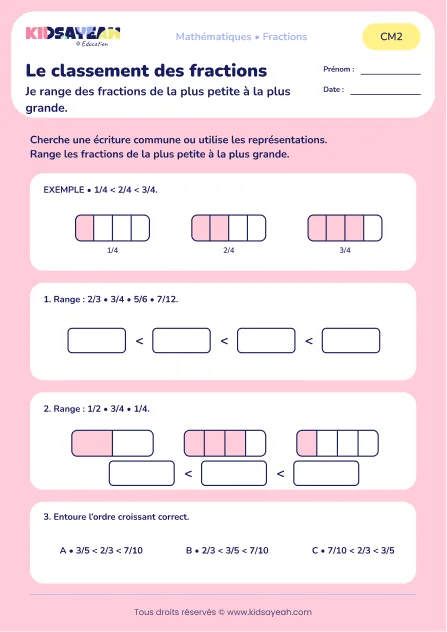 Ranger des tiers, quarts et douzièmes au CM2 : aperçu de la fiche Le classement des fractions