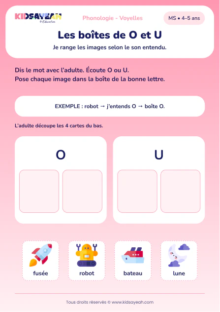Ranger fusée, robot, bateau et lune selon les sons O et U en MS — aperçu de la fiche à imprimer