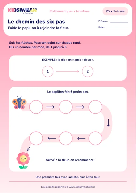 Le chemin des six pas – réciter les nombres jusqu’à 6 en PS
