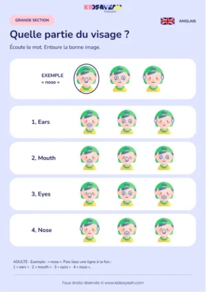 Reconnaître eyes nose mouth et ears à l’écoute en GS — fiche enfant