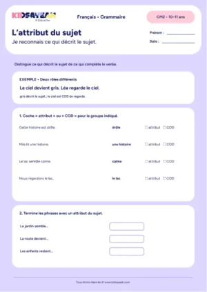 reconnaître l’attribut du sujet au CM2 - fiche élève