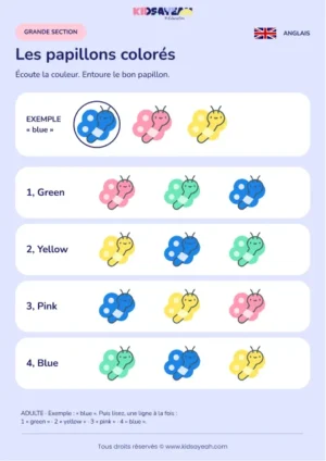 Reconnaître la couleur des papillons à l’écoute en GS — fiche enfant