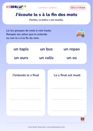 reconnaître le s final muet dans tapis, repas et colis au CE1 — aperçu de la fiche CE1 à imprimer