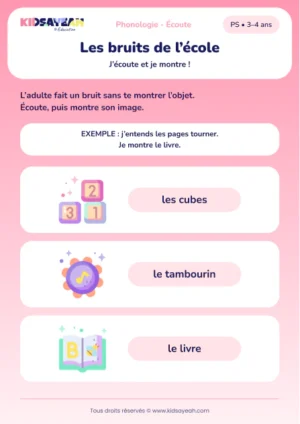 Reconnaître les bruits de l’école en PS — aperçu de la fiche à imprimer