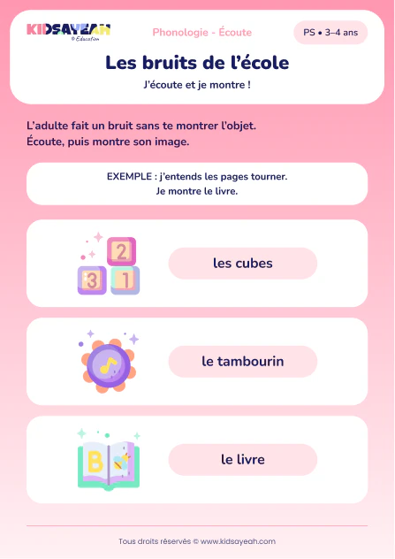 Reconnaître les bruits de l’école en PS — aperçu de la fiche à imprimer