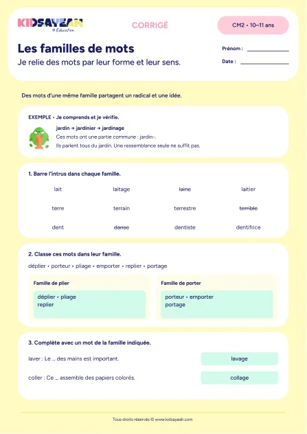 Corrigé - familles de mots CM2 exercice à imprimer