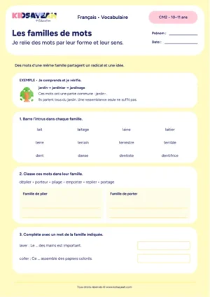 familles de mots CM2 exercice à imprimer - fiche élève