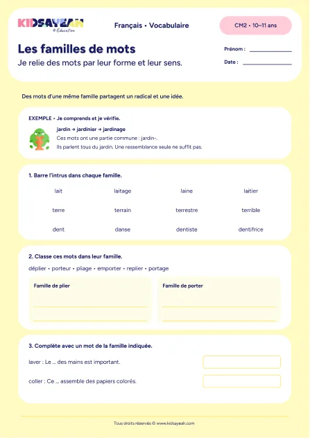 familles de mots CM2 exercice à imprimer - fiche élève