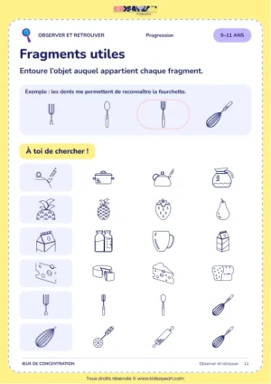 Reconnaître six objets à partir d’un fragment parmi trois choix - jeu 9–11 ans