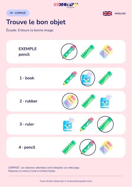 Reconnaître pencil book ruler et rubber au CP — corrigé