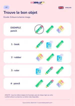Reconnaître pencil book ruler et rubber au CP — fiche enfant