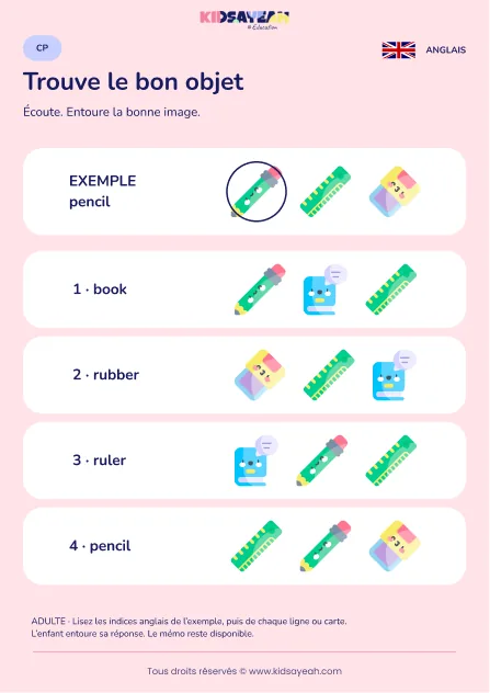 Reconnaître pencil book ruler et rubber au CP — fiche enfant