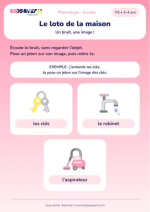Reconnaître trois bruits de la maison avec un loto en PS — aperçu de la fiche à imprimer