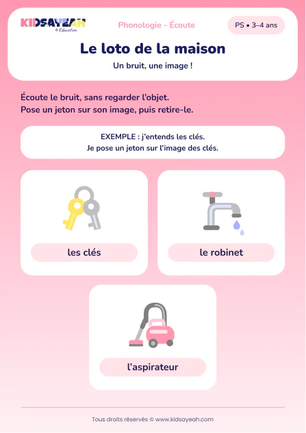 Reconnaître trois bruits de la maison avec un loto en PS — aperçu de la fiche à imprimer