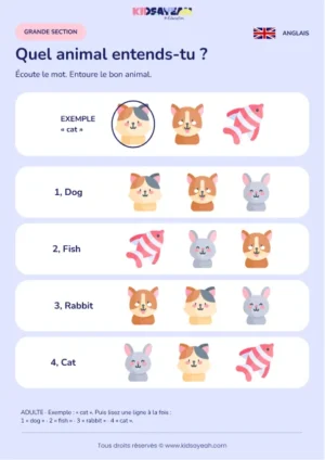 Reconnaître un animal nommé en anglais en GS — fiche enfant