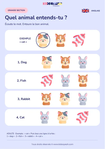 Reconnaître un animal nommé en anglais en GS — fiche enfant