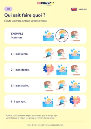Reconnaître une action annoncée avec I can au CE1 — fiche enfant